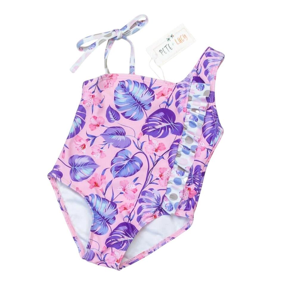 NEW PETE + LUCY girls tropical one piece swimsuit in lilac